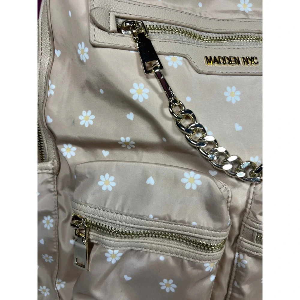 Madden NYC Tan Daisy Heart Print Nylon Backpack Gold Chain Detail Floral Bag
